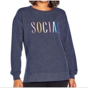 NWT Wildfox SOCIAL Embroidered Crew Neck Sweatshirt Blue Size Large